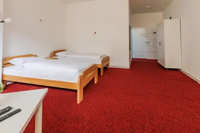 a bedroom with two beds and a red carpet at Apartmani i sobe Castra in Banja Luka