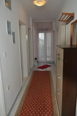 a kitchen with a red rug on the floor at Prenociste Orhideja in Odžak