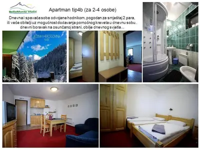 a collage of four pictures of a hotel room at Apartments BellaMonte Vlašić in Vlasic