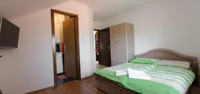 a bedroom with a bed with green sheets and a mirror at Guesthouse Vila Puzic in Banja Luka