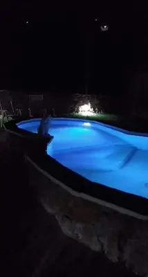 a person jumping into a blue swimming pool at night at Pansion Renata in Prozor