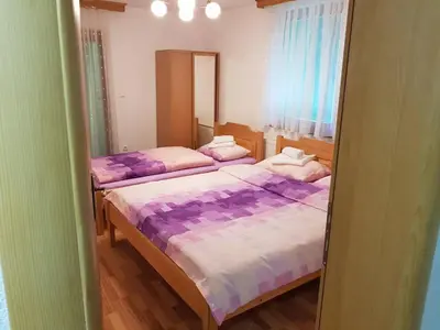 two beds in a room with a mirror at Villa Tiha noc in Vlasic