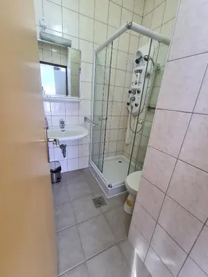 a bathroom with a shower and a toilet and a sink at Apartments and Rooms Ski in Vlasic
