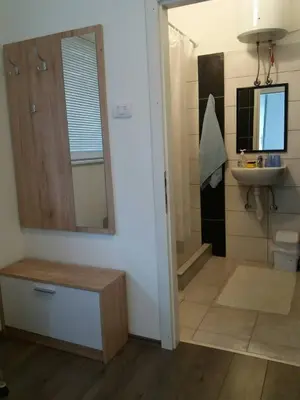 a bathroom with a sink and a mirror at Rooms Adrijana in Banja Luka