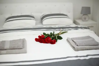 a bunch of red roses sitting on a bed at Apartman Centar in Banja Luka