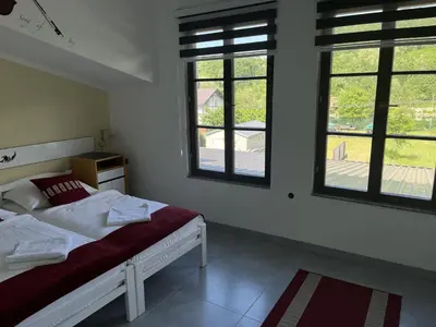a bedroom with a bed and two windows at Hotel River View bihac in Lohovo