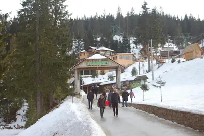 a group of people walking down a snow covered road at Lux - Apartment Snow Oasis in Vlasic