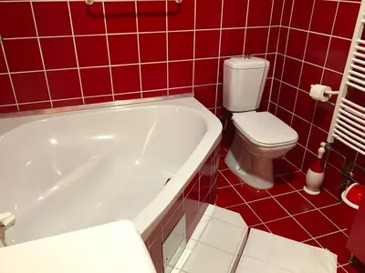 a red tiled bathroom with a tub and a toilet at Kula hacienda in Tuzla