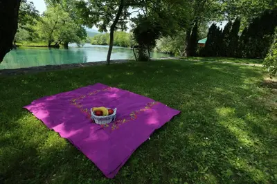 a purple kite with a basket of fruit on the grass at Villa Una Paradise in Bihać