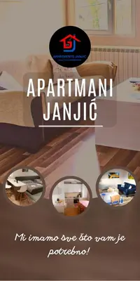 a poster for an apartment jamula with a bed and two mirrors at Apartmani Janjic in Banja Luka