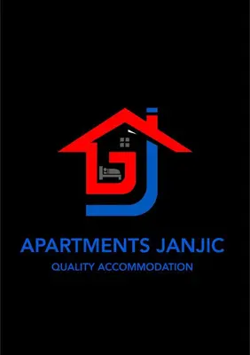 a red roofed house logo on a black background at Apartmani Janjic in Banja Luka