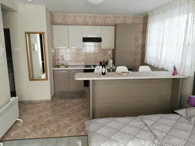 a kitchen with a large island in a room at Apartmani Janjic in Banja Luka