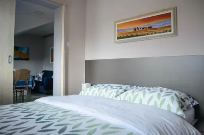 a bedroom with a bed and a painting on the wall at Apartmani Janjic in Banja Luka