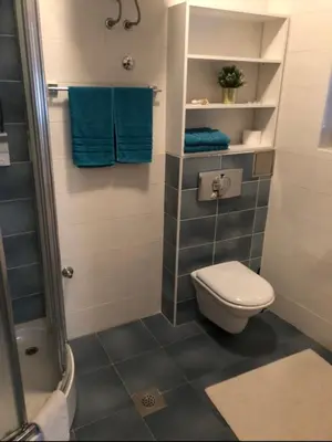 a bathroom with a toilet and a shower with blue towels at Apartman Natalija Banja Luka in Banja Luka
