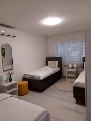 a bedroom with two beds and a mirror at Apartman River Una in Bihać