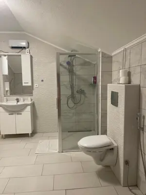 a bathroom with a shower and a toilet and a sink at Villa Goldlux in Bihać