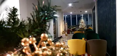 a room with christmas trees and chairs in a room at Hotel CITY in Prnjavor