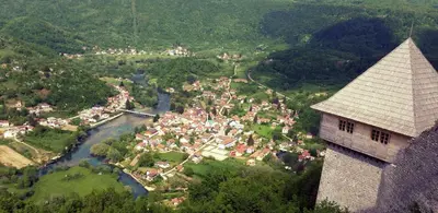 an aerial view of a small town next to a river at Unaqua Apartments in Kulen Vakuf