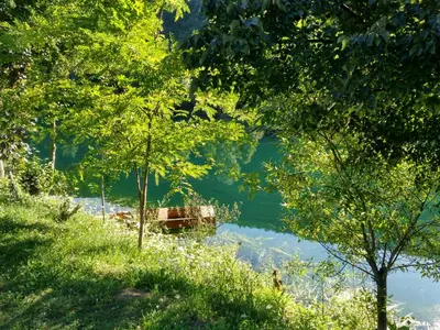 a river with trees and a boat in the water at Seosko domacinstvo Halil & Alema in Ćukovi