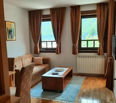 a living room with a couch and a coffee table at Relax Apartman sa garažom in Fojnica