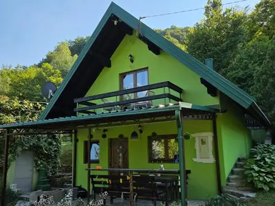 a green house with a black roof at Private Riverside House on the Una River with Private Beach in Kulen Vakuf