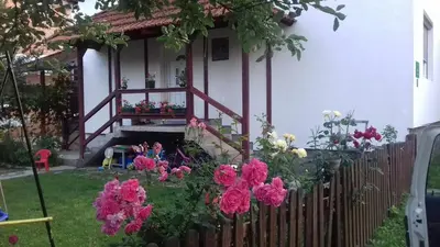 a garden with pink flowers in front of a house at Apartment Dil in Kulen Vakuf