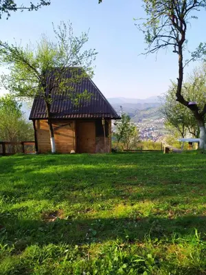 a small wooden cabin in a field of green grass at Bungalows Old Town in Visoko
