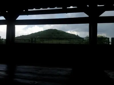 a view of a mountain through a window at Bungalows Old Town in Visoko
