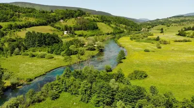 an aerial view of a river in a field at Apartment Stanic in Šipovo