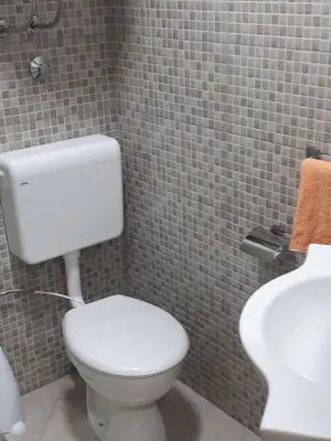 a bathroom with a white toilet and a sink at Apartmani Tajra in Visoko