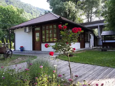 a small house with red flowers in front of it at ATRIUM Holiday home in Bihać