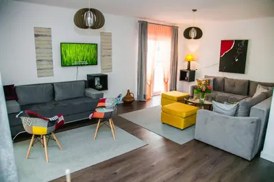 a living room with a couch and a tv at LGP Exclusive Apartment in Bihać