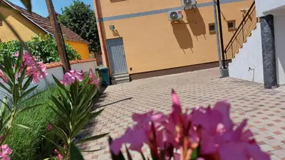 a brick driveway with purple flowers in front of a building at Apartment Kapetanovic in Bosanski Šamac