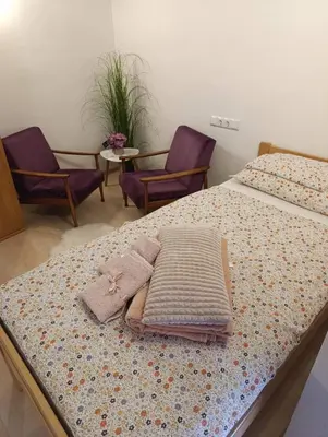 two beds in a room with two purple chairs at Naid Apartmani in Kulen Vakuf