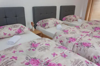three beds in a room with pink flowers on them at Villa Maja in Bihać