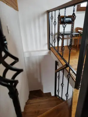 a staircase with black railings and wooden floors at Green Forest in Vlasic