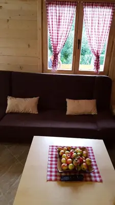 a couch with a plate of apples on a table at Vacation home SAJRA in Kulen Vakuf