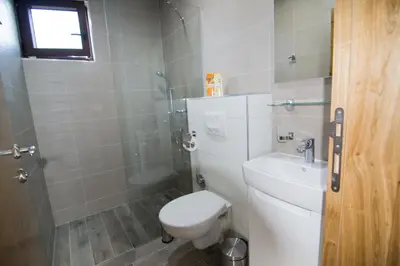a bathroom with a toilet and a shower and a sink at Villa Sabina in Lohovo