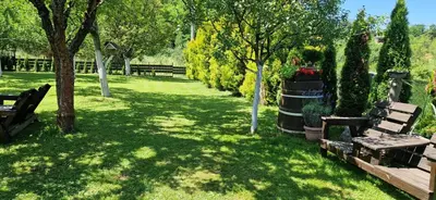 a park with two benches and trees in the grass at Holiday Home Emir in Račić