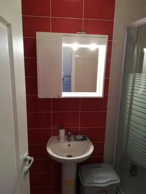 a bathroom with a sink and a toilet and a mirror at Omega in Doboj