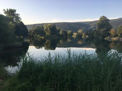 a view of a lake with trees and hills in the background at Amina River Apartment in Bihać