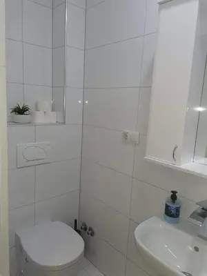 a white bathroom with a toilet and a sink at Prenociste Sana Sanski Most in Sanski most