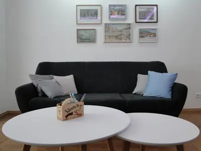 a black couch and two tables in a living room at Apartment Galerija in Tuzla