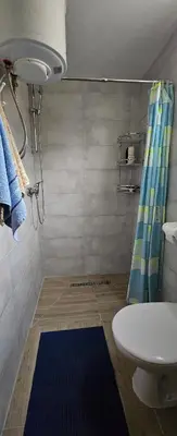 a bathroom with a blue shower curtain and a toilet at Green Oasis in Bihać