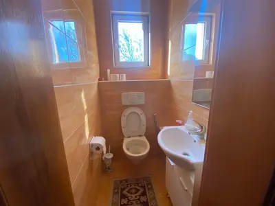 a small bathroom with a toilet and a sink at Vila Una 1 in Ripač