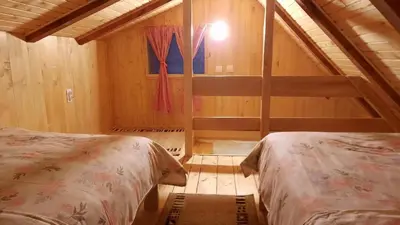 a bedroom with two beds in a wooden room at Etno selo EDEN in Žeravački Potok