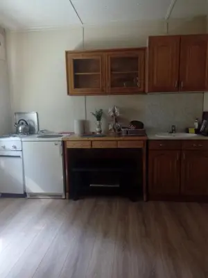 a kitchen with wooden cabinets and a white refrigerator at Sunny Paradise in Bihać