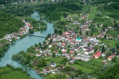 an aerial view of a town next to a river at Vacation Home 