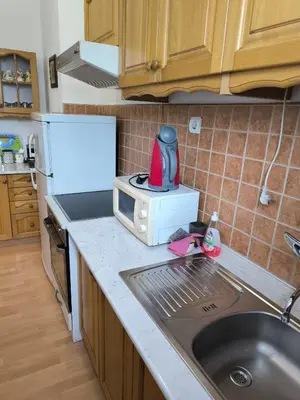 a kitchen counter with a sink and a microwave at Trosoban stan u Zenici in Zenica