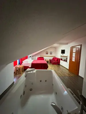 a large bath tub in a room with a bedroom at Prenoćište SAMIR in Gradačac